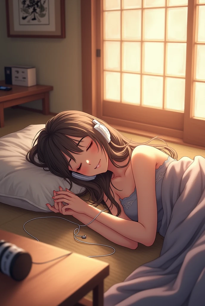 Girl wearing headphones,ベッドでrelaxして寝ている,Brown Hair,One girl,Eyes closed,relax