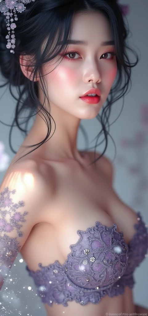 nude woman covered in intricate fractal body paint, erotica art, sensual and graceful pose, shot by a professional erotic photographer, high detail, soft lighting, masterpiece, cinematic composition, fine art. Nsfw