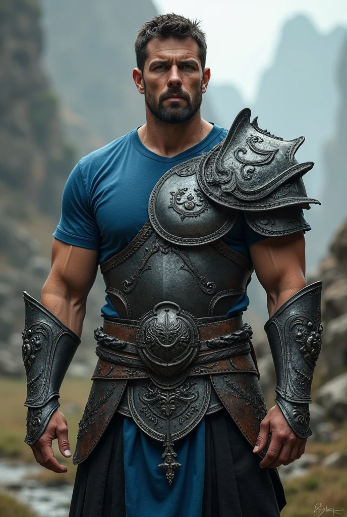 30 year old man Dark King with black armor blue eyes short black hair strong white and handsome warrior with muscles 