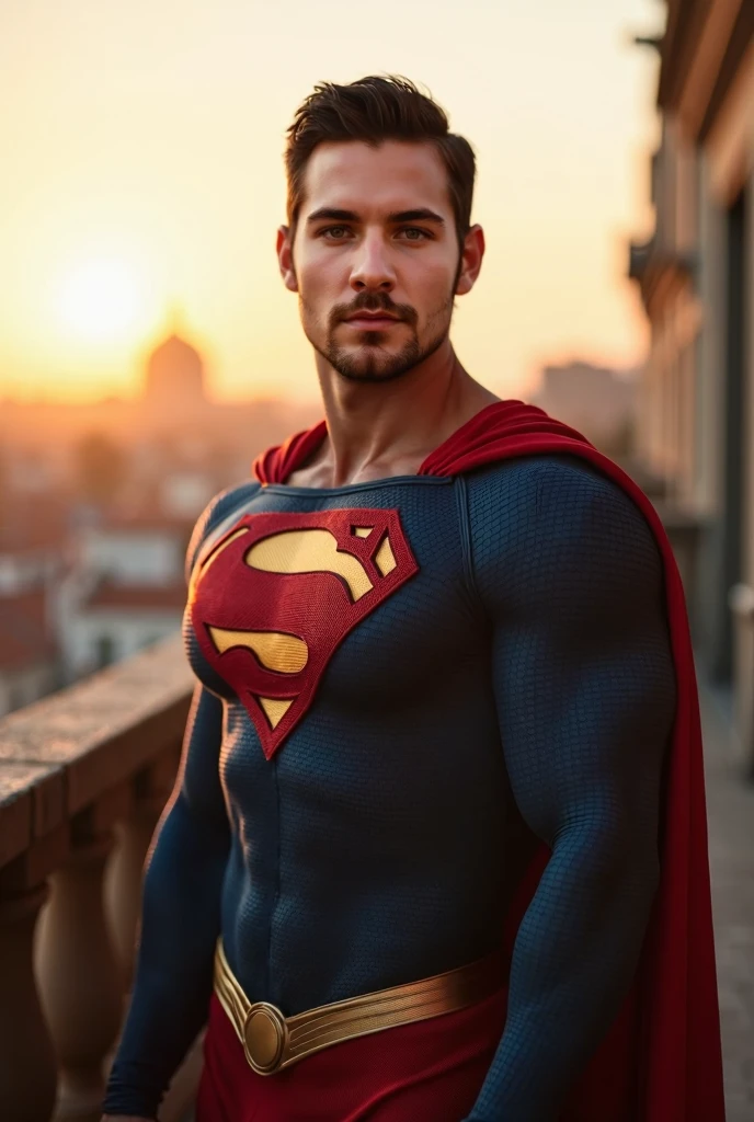 Masterpiece, an insanely handsome muscular young east european spartan warrior wearing in a superman costume, standing on the roof of a skyscraper, masculine, tall, strong, teen, street background, well endowed, (high detail:1 1), rough face, natural skin, high quality, beautiful eyes, (detailed face and eyes), (face: 1 2), noise, extra, real photo, PSD, lamp film photography, sharp focus, contrast lighting, detailed skin, high resolution 8k, crazy detail, realistic, professional photography, 8k UHD, SLR camera, soft lighting, high quality, film grain, Fujifilm XT3
