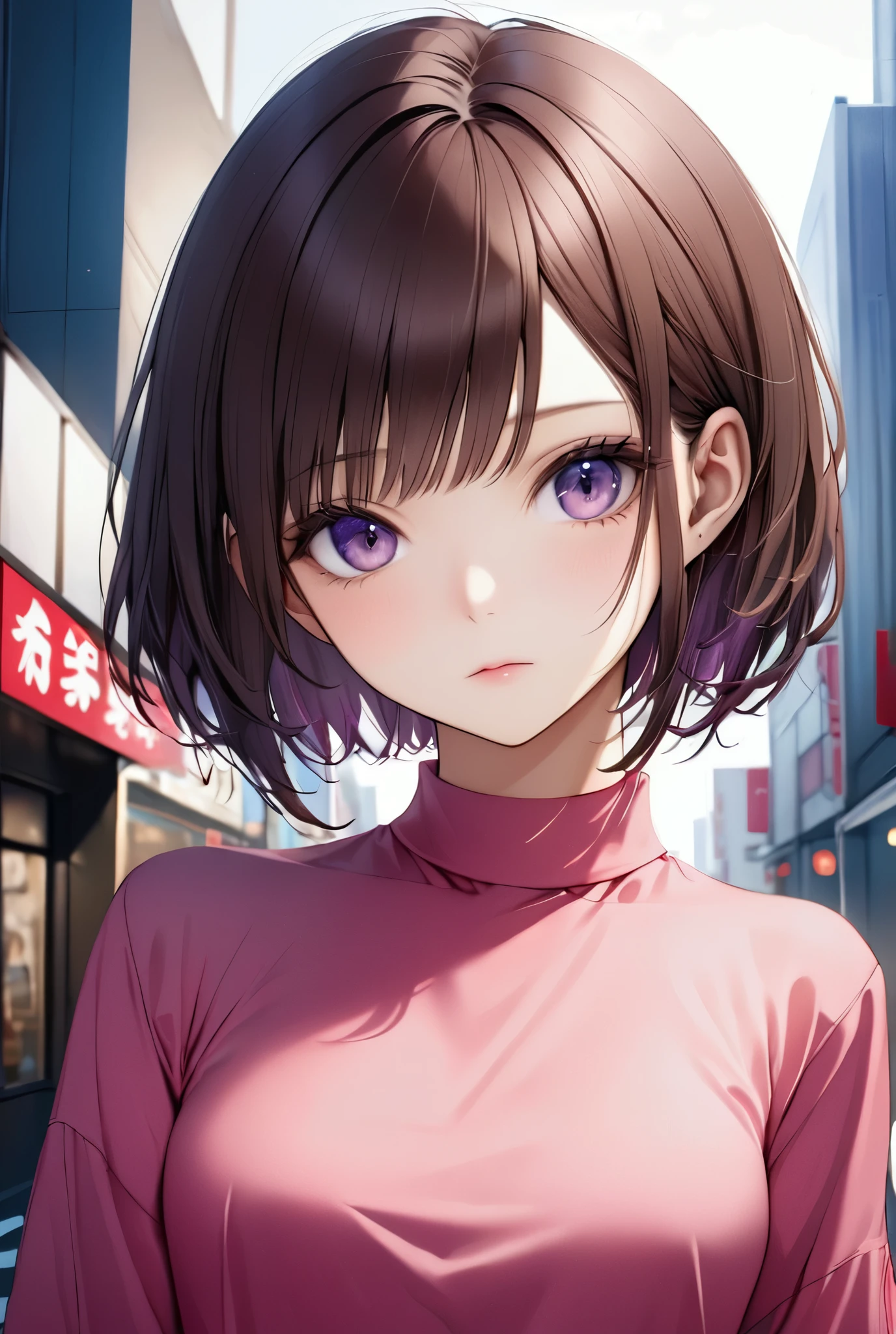 Ultra high quality, high definition, top quality, super detailed, photorealistic, 8K, RAW photo, top quality, masterpiece, attractive girl, charming girl, purple eyes, brown hair, semi bob, asymmetrical bangs, half up, cropped ends, red inner color, Japanese idol, sophisticated, stylish, pink blouse, Shibuya, 