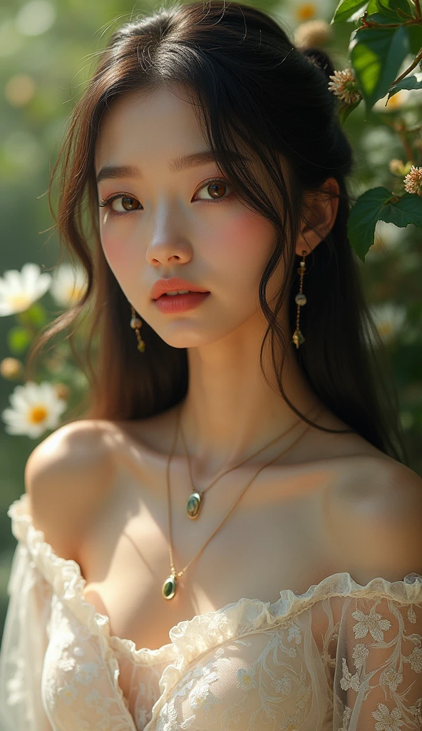 8k, RAW photo, Very detailed CG Unity 8k 壁紙, written boundary depth, cinematic light, Lens flare, ray tracing, highest quality,masterpiece, realistic, very detailed), romance, Sensual portrait , (very beautiful face, beautiful lips, beautiful eyes), face with intricate details, ((super dense skin)),(highest quality,masterpiece, realistic, very detailed),21 year old naked girl, perky small breasts, Slim frame, elegant posture, willow-like limbs, a fantastical presence, Slightly upwards, towards the camera, detailed beautiful face, fine eyes, long eyelashes, earrings, necklace, thin hair, sharp focus,NSFW., Detailed real small erect nipples,End areola,hot spring, (((Detailed real small erect nipples))),(((Fine areola))), (pubic hair),
