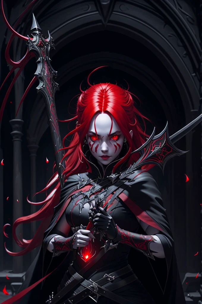 a beautiful vampire with long red hair, glowing eyes, wearing black and red leather, wielding sword in her hand, looking directly at the viewer, detailed facial features, dynamic pose, dramatic lighting, highly detailed, cinematic, photorealistic, 8k, masterpiece, fantasy art