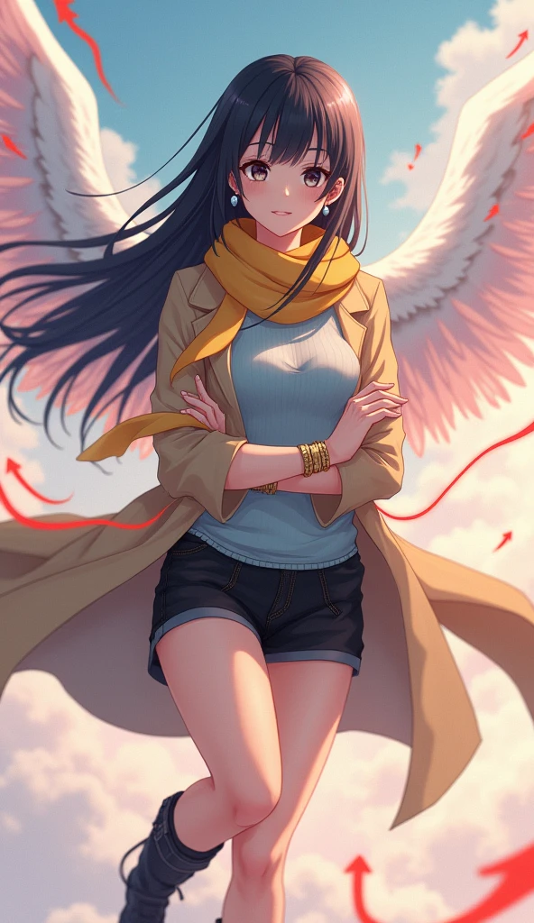 Anime Japanese woman in a kimono, with yellow eyes, black hair, transparent white wings behind her, a maroon jacket, olive green pants, long hair parted in the middle, large breasts, a sword sheathed on her left hip, smiling.
