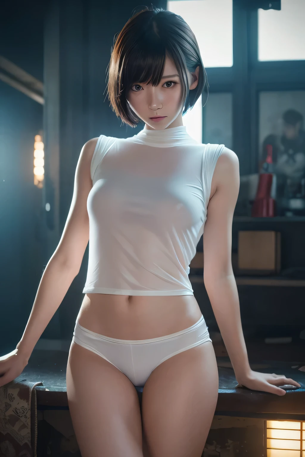 Night, Pitch black, By the window, A sexy beauty, White suit, Panic, Energy flow, Red moonshine, Black eyes, The face is super delicate, Short black hair, The face is super delicate, Highly realistic, 4K, Chiaroscuro, Super high detail