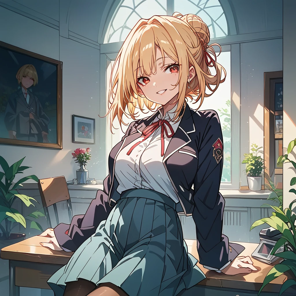 angelica,  1female,ysk, milf, Blonde, Medium Hair, Hair bun on the upper back of the head, Red Eye, school uniform, Grey pleated skirt, Red ribbon, Black jacket, Seductive smile、face focus, pantyhose, School courtyard break masterpiece、hasselblad, 16K, highres, super details, uhd, masterpiece、Beautiful attention to detail:1.2, Perfect lighting, (perfect hand, perfect anatomy), Precise depiction、Vibrant colors