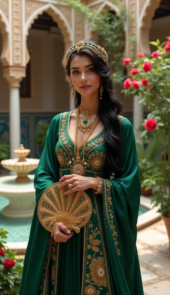 "Create an image of a beautiful model woman with a perfect face, ultra realistic, in 16k resolution, resembling a Vogue model with a detailed face and eyes. She is a Moroccan model with long, thick, curly dark hair. Her makeup is exotic, with kohl-lined eyes and a deep red lipstick. She is posing gracefully, standing with one hand delicately touching her chin and a captivating gaze. She is wearing a luxurious, traditional kaftan in emerald green with gold embroidery. The background is a lavish Moroccan courtyard with intricate tilework, lush greenery, and a central fountain."