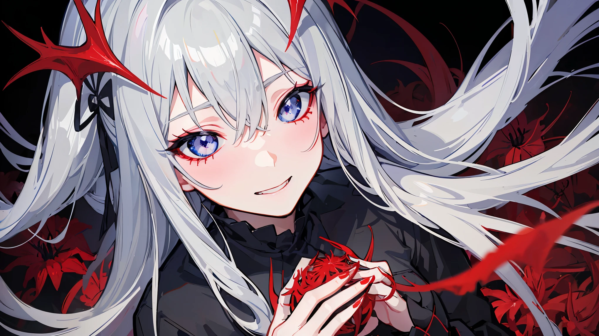 ((masterpiece,best quality, detailed)), 1girl, solo,
simple background, black background, portrait, close portrait, close up, dark sakura, striped dress, evil smile, hair ribbon, empty eyes, hands on own face, parted lips