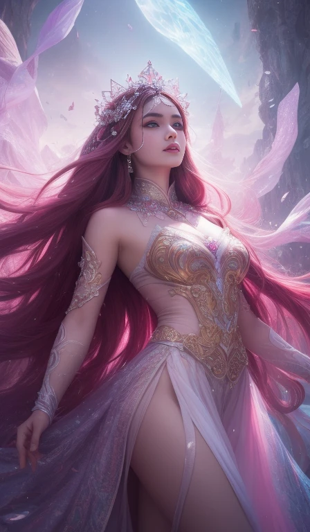 (best quality,4k,8k,highres,masterpiece:1.2),ultra-detailed,(realistic,photorealistic,photo-realistic:1.37),A girl with magical powers,flying,dressed in a flowing and shimmering gown,sparkling eyes,floating golden locks,holding a glowing wand, surrounded by a vibrant and enchanted garden, filled with blooming flowers and lush greenery, butterflies fluttering around her, rays of warm sunlight streaming through the trees creating a soft ethereal glow, a magical aura enveloping her,body covered in shimmering particles, casting a spell, in a dynamic and graceful pose, with a magical creature by her side, casting spells, creating colorful and dazzling fireworks in the sky, a sense of awe and wonder, an otherworldly atmosphere, in the style of anime or fantasy illustrations, with vibrant and saturated colors, a dreamlike color palette, soft pastel tones, creating a sense of magic and fantasy, with a warm and enchanting lighting, highlighting the magical elements and creating a magical ambiance.