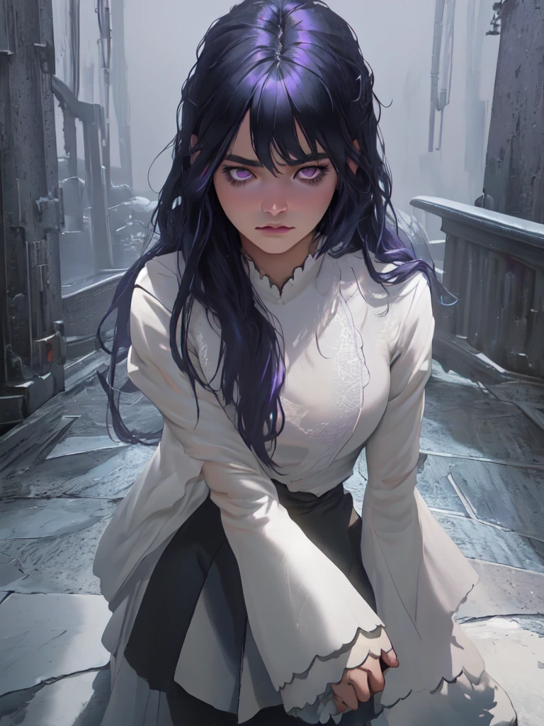 a magical girl, long black hair, purple eyes, wearing predominantly black and purple clothes, depressive magical world, dark fantasy world, world of loneliness and sorrow, (best quality,4k,8k,highres,masterpiece:1.2),ultra-detailed,(realistic,photorealistic,photo-realistic:1.37),digital painting, dark fantasy, cinematic lighting, dramatic lighting, moody lighting, dramatic shadows, muted color palette, melancholy, sorrow, loneliness, girl, female, portrait, full body, detailed face, intricate details, dramatic pose