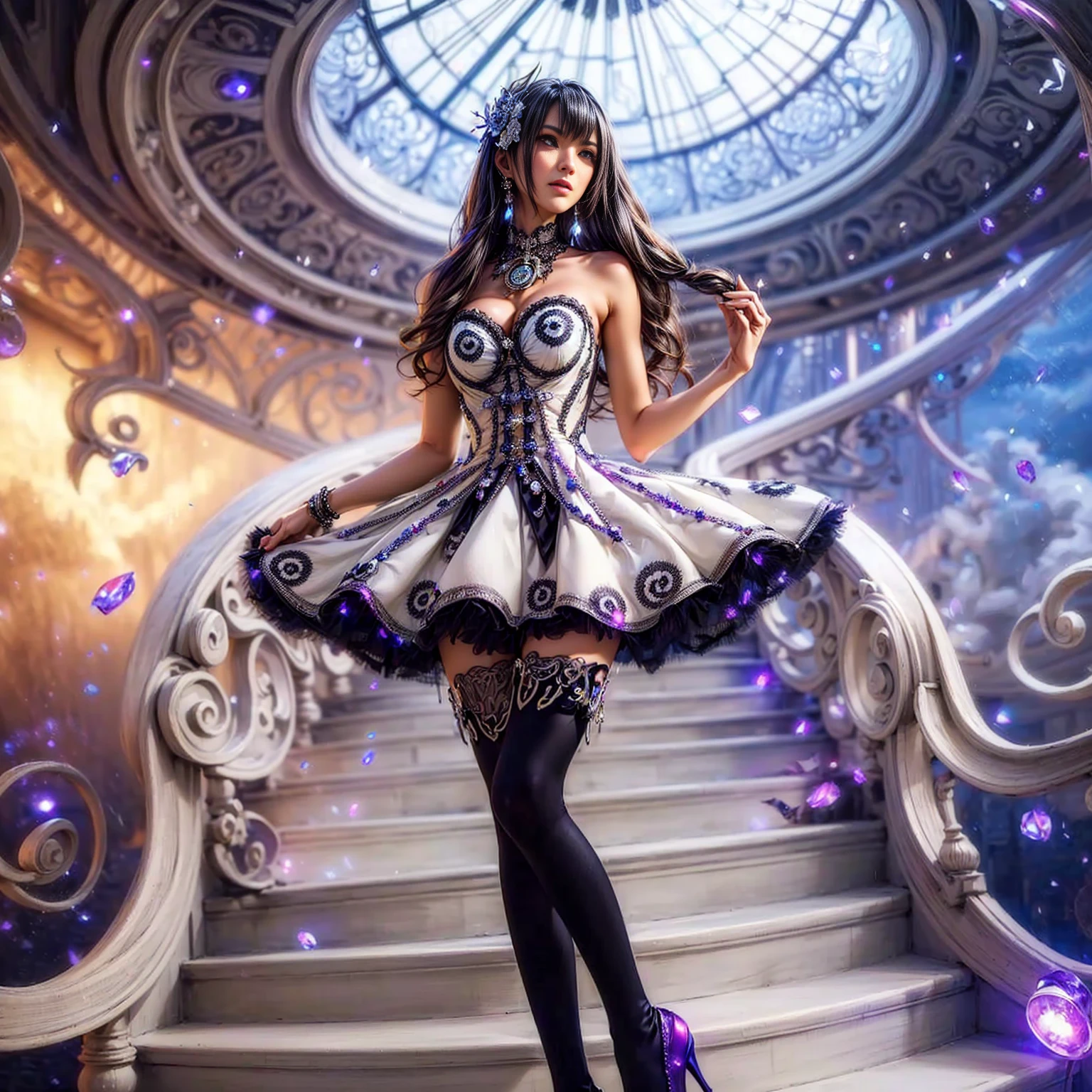 An asian woman with loose hair, standing on the stairs in the middle of a magical atmosphere, with a predominantly white and black costume, a strapless corset-style dress decorated with bright purple jewels, a short tutu skirt, black thigh-high stockings with lace tops and ornaments purple jewels, white high heels with gold decoration, grand staircase background under mysterious sky full of stars and celestial bodies, hyper realistic, hyperdetailTransparent clothing, Detailed gemstones, masterpiece, best quality:1.2),,(8k,highres,RAW photo,realistic,photo-realistic:1.3),(detailed skin texture,detailed cloth texture,detailed flame texture, beautiful detailed face:1.25),professional lighting,photon mapping,beautiful soft light,radiosity,physically-based rendering,raytracing, model shoot style, model shoot style, (extremely detailed CG unity 8k wallpaper), full shot body photo of the most beautiful artwork in the world (NSFW), (Nude), (Naked), (Nipple) (pussy)