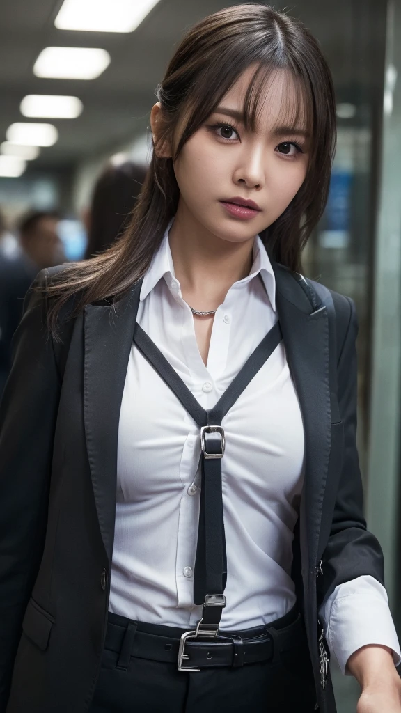 a woman in a suit, belt, hands behind back, sweating, suspenders, black pants, large breasts, see-through clothing, rain, detective, office worker, white button-up shirt, (best quality,4K,8k,highres,masterpiece:1.2),ultra-detailed,(realistic,photorealistic,photo-realistic:1.37),hyper-detailed,highly detailed face and body, Slender　thin　suspenders　Moderate breasts　See-through shirt　Nipples　holster　chain　Pistol　Armament　criminal　Female criminal　knife 　 Hands Behind Back　Constraints 程よい胸 黒いマスク
