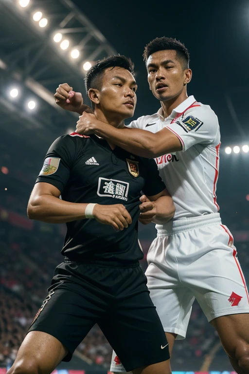 Best quality,masterpiece,ultra high res,(photorealistic:1.4),xiuxian,Detailed face, Indonesian football referee (referee in black costume), (Indonesian referee costume), beaten (hit in the chest), by one of the players (players wearing white costumes) who are competing. The player hit the referee (hit right in the chest), Fullbody shot.