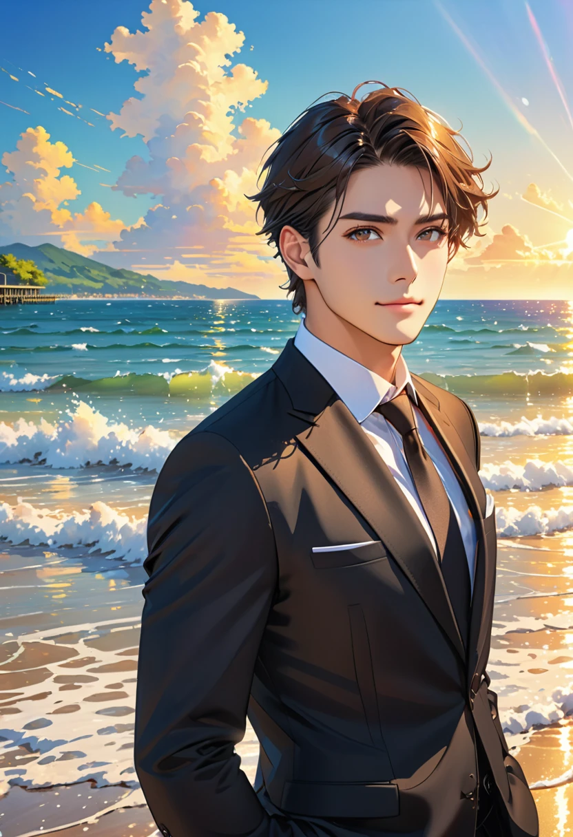 (masterpiece, Best Quality:1.2), One Man、(side), Brown eyes, Beautiful Face, beautiful eyes, Black Suit、Backlight, Standing on the beach, (sea, Shining Water Surface), Wave, Summer pier landscape background, Vibrant colors, Bright sunlight, 8k, Ultra HD