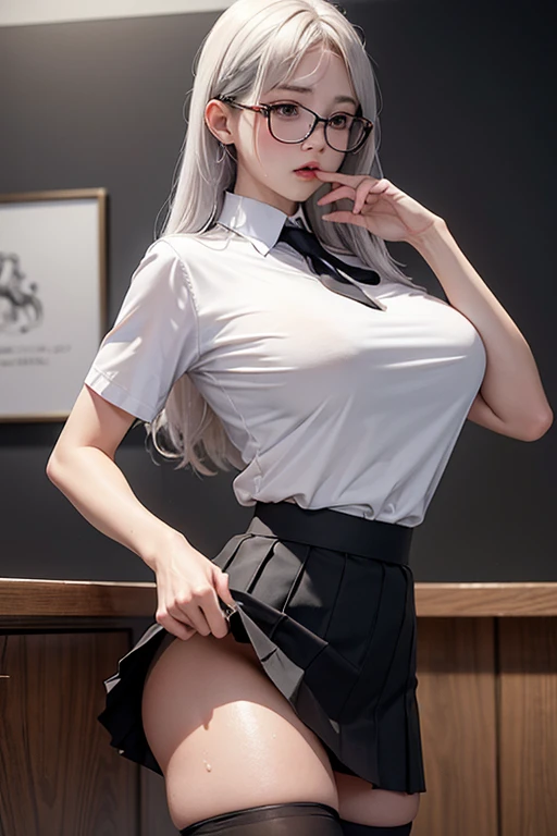 Photorealistic, high resolution, 1 woman, Hips up, Beautiful eyes, White hair, Long hair, ringed eyes, Collared shirt, black necktie,Black skirt, pencil skirts，((Ultra-thin transparent erotic clothing)),(Skin is visible through see-through),(View from below),((Get wet))，（Hands behind your back），(Place your hands on the back of your head)，(((Open your mind)))，Exposed cleavage， ((areola erections))，(((The nipple areola is clearly shaped)))，((The tip is clearly prominent))，((Milk flow out))，(((spread their legs))),(((M-shaped legs))),(((spreading the crotch)))，Exposing the genitals， Delicate and moist genitals，Milky discharge from the genitals，Straight and slender, Soft and delicate legs，