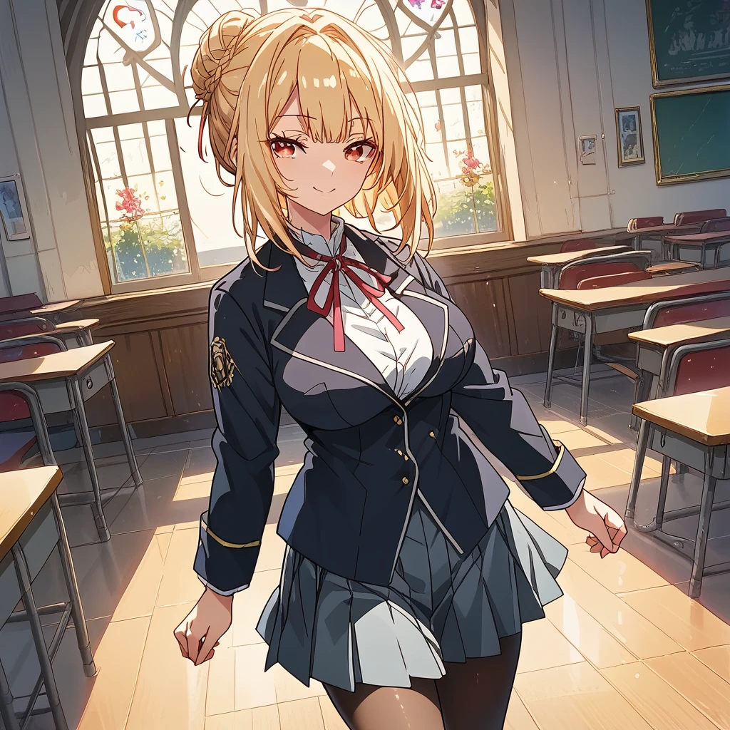 score_9, score_8_up, score_7_up, BREAK, best quality, high resolution, distinct image, angelica,  1female,ysk, milf, Blonde, Medium Hair, Hair bun on the upper back of the head, Red Eye, school uniform, Grey pleated skirt, Red ribbon, Black jacket, Seductive smile、face focus, pantyhose, School courtyard break masterpiece、hasselblad, 16K, highres, super details, uhd, masterpiece、Beautiful attention to detail:1.2, Perfect lighting, (perfect hand, perfect anatomy), Precise depiction、Vibrant colors