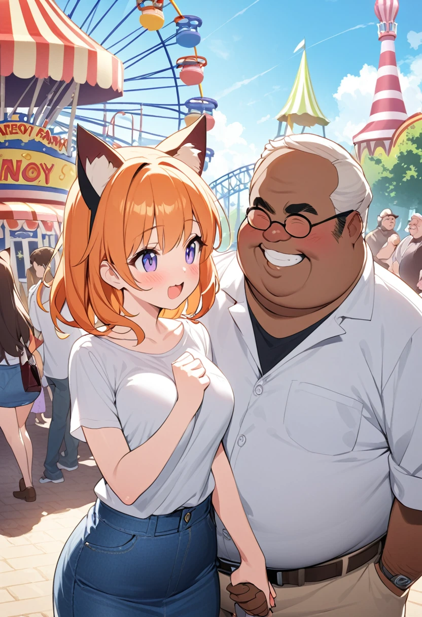 Young girl、Very cute、Young、Firm breasts、White shirt、Denim skirt、Orange Hair、High Quality Backgrounds、Fat Uncle、Holding hands、amusement park、Enjoy a date、Cat ears、Cat&#39;s Tail、Short Hair