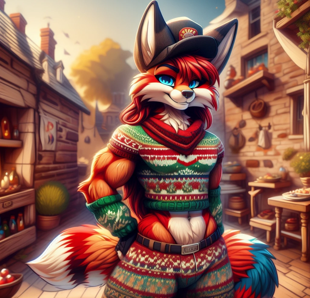 Best quality, Super detailed illustration, cartoon illustration, a furry male fox, blue eyes, village clothing, black flat cap hat, detailed face and body, disheveled thick blue and yellow long hair, dark red fur, two-tone dark red fur, red fox tail, green sweater shirt, red pants, smug smile, beautifully detailed eyes, against the background of New Amsterdam in the medieval times, skinny, wide hips, style