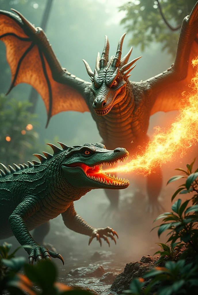 high definition image of two equal heads of green dragon, one on the top left side and one on the bottom right side, one spitting fire into the other's mouth, 8k