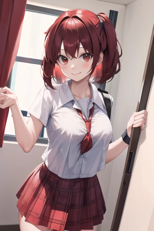 (The ultimate masterpiece), (Ultra HD), (Ultra-fine), High resolution, Ultimate beauty, High chroma, vivid,Girl,(pretty girl), Thighs, (cardigan), (skirt), Super Smile, Red hair,ショートBob,(Bob),Red Eyes ,Small breasts, Cute room,put one's hand between one's thighs
