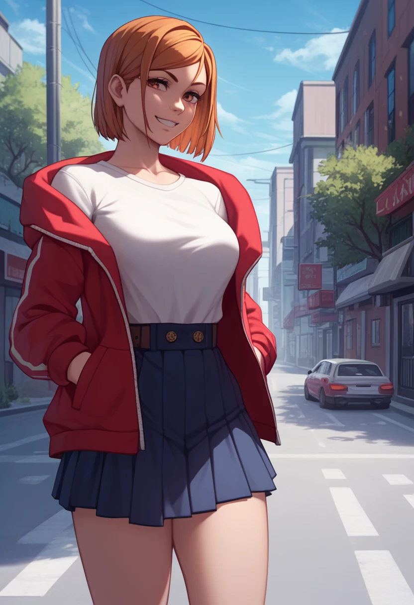 score_9, score_8_up, score_7_up,score_6_up, source_anime, solo, hands in pocket, medium breast, wide hips, sharp gaze, seductive eyes, sakura tree on the side of the road, 1girl, kugisaki nobara, faint smile, looking at viewer , white shirt, off-shoulder shirt, red tight hoodie, short thight skirt, outdoors, city street, blue sky,4K,Detailed,4k highly detailed digital art,masterpiece,best quality,ligne claire,(cool_color),perfect composition,absurdres, {Highest quality}, {so beautiful}, {Very detailed}, {Best illustrations},{uncensored}