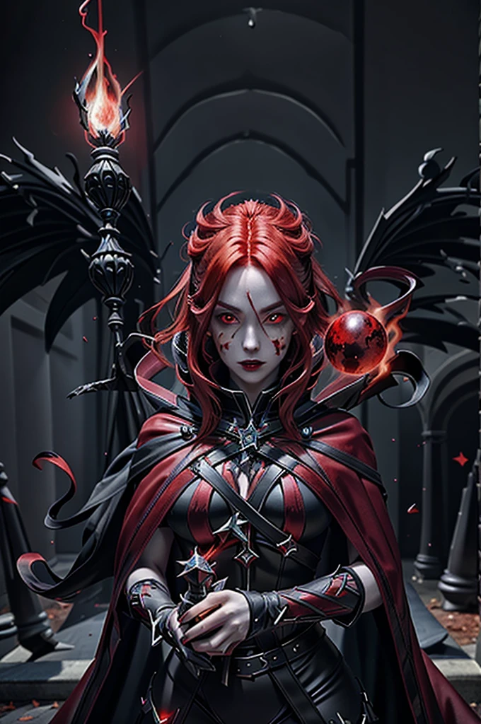 a beautiful vampire with long red hair, glowing eyes, wearing black and red leather, conjuring a flaming sphere in her hand, looking directly at the viewer, detailed facial features, dynamic pose, dramatic lighting, highly detailed, cinematic, photorealistic, 8k, masterpiece, fantasy art