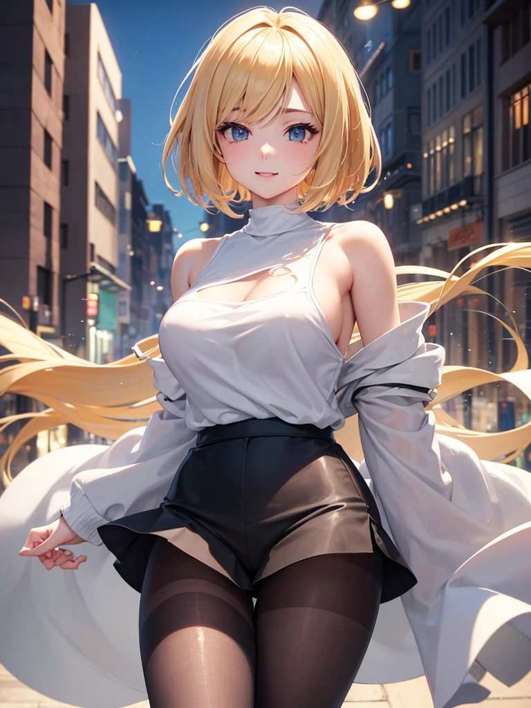 Anime style, super fine illustration, highly detailed, beautiful detailed, pale tone image, static representation, gentle expression, 8k, pretty 1girl with blonde straight short hair & blue eyes & a bright smile & full bust & nipples & soft fair skin is wearing big white business shart not to show her skin & black tight skirt & 1business bag, on the business building street, in the morning, brilliant particles of lights, romantic stories, solo, perfect 5fingers, perfect arms, perfect legs, masterpiece.
