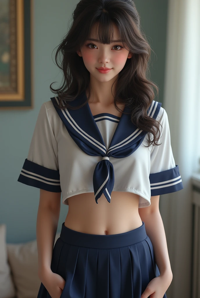 ((Lie down in bed, Spread your legs wide:1.2, Lying on your back)), beautiful girl, high school student, Short Hair, ((:1.2, Beautiful breasts)), Cute face, Beautiful eyes, Narrow waist, ((Sailor suit, mini skirt)), (Sexy upskirt shot:1.2), Beautiful crotch and slender body line, Small and slender figure, (Detailed eyes and face:1.2, Professional photography techniques), (Perfect Anatomy:1.3), (Highest quality, 8K, masterpiece:1.2, RAW Photos), (Gaze at the viewer, Sexy expression:1.2, blush:1.2), (Detailed hands:1.1, beautiful little hands:1.2), (Cute pose)