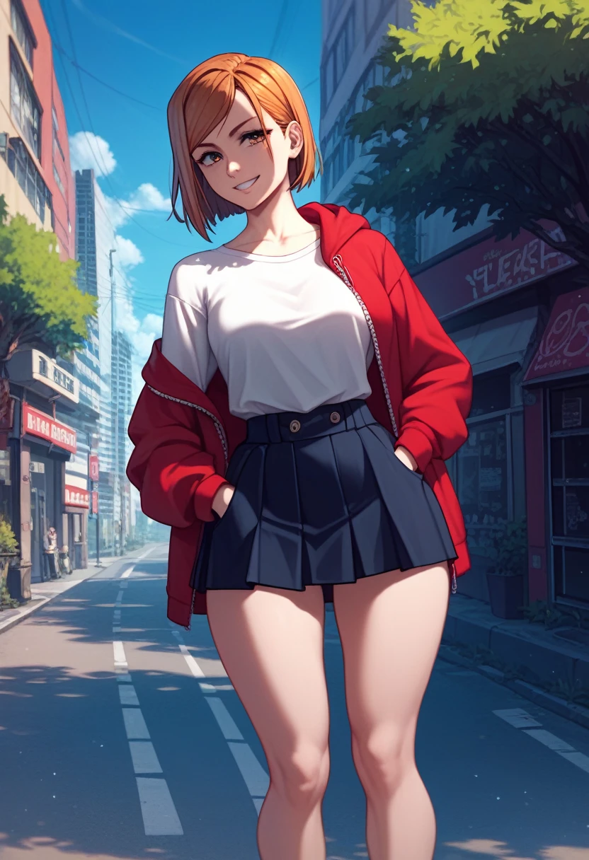 score_9, score_8_up, score_7_up,score_6_up, source_anime, solo, hands in pocket, medium breast, wide hips, sharp gaze, seductive eyes, sakura tree on the side of the road, 1girl, kugisaki nobara, faint smile, looking at viewer , white  turteleneck shirt, off-shoulder shirt, red tight hoodie, short thight skirt, outdoors, city street, blue sky,4K,Detailed,4k highly detailed digital art,masterpiece,best quality,perfect composition,absurdres, {Highest quality}, {so beautiful}, {Very detailed}, {Best illustrations},{uncensored}