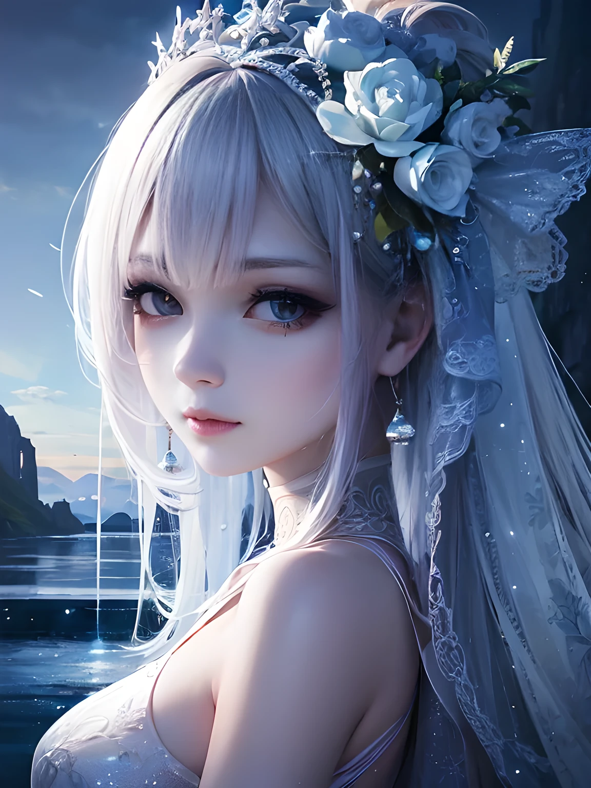 Anime girl with white hair and veil and flowers in her hair - SeaArt AI