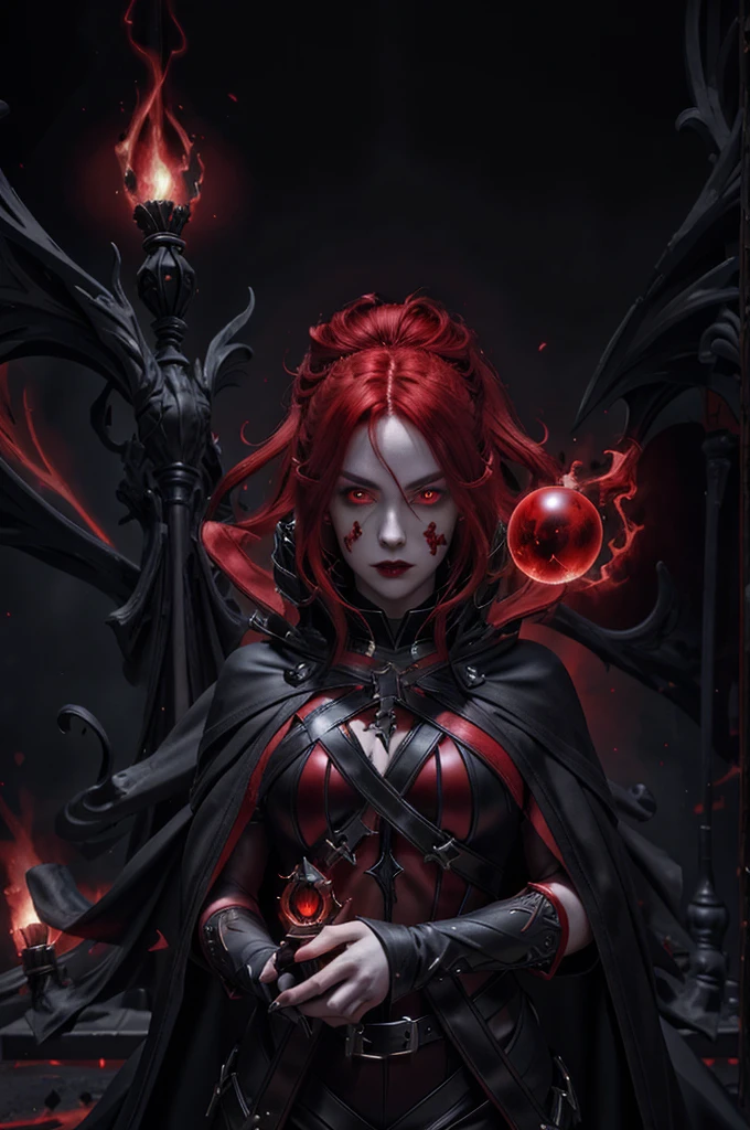 a beautiful vampire with long red hair, glowing eyes, wearing black and red leather, conjuring a flaming sphere in her hand, looking directly at the viewer, detailed facial features, dynamic pose, dramatic lighting, highly detailed, cinematic, photorealistic, 8k, masterpiece, fantasy art