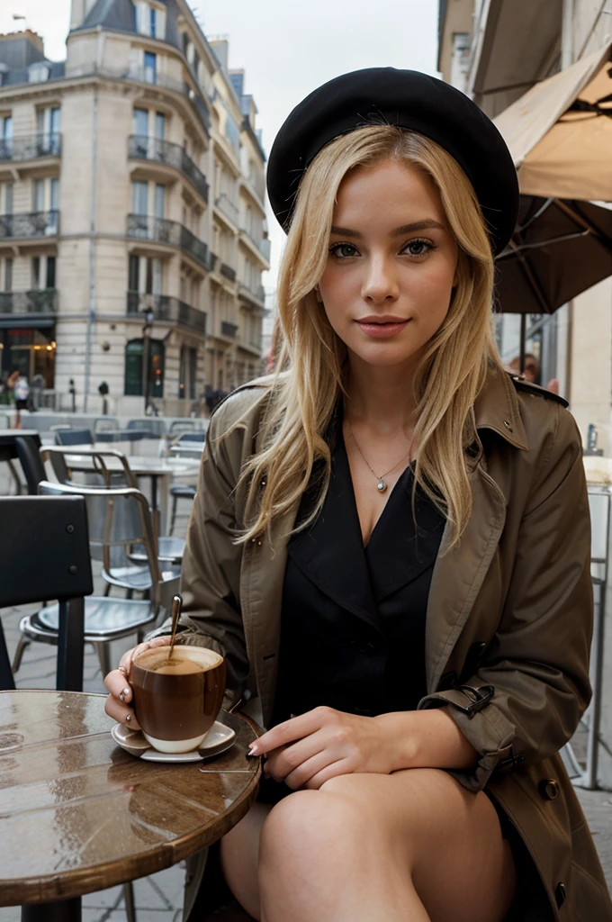 A blonde woman sitting at a chic outdoor café in Paris, wearing a beret and a trench coat. She has a book open on the table beside a cup of espresso, while she gazes thoughtfully at the Eiffel Tower in the background.