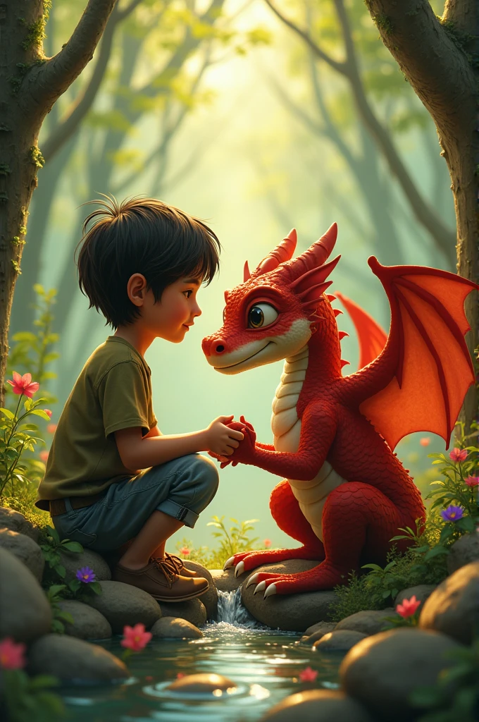 young man mounted a red dragon feel reverence and curiosity