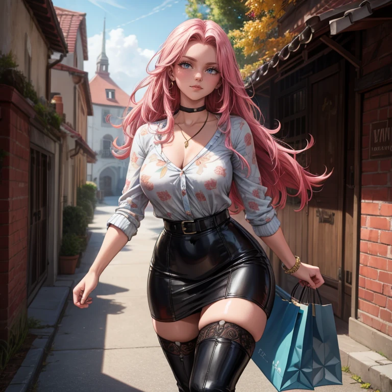 Masterpiece, beautiful art, 8k, art style by sciamano240, very detailed face, detailed hair, detailed clothes, detailed fabric, 1girl, beautiful face, long hair, hot pink hair , model head shot, facing camera, very detailed green eyes, sultry smile, wearing classy fall clothes, white tube top, black dior thigh boots, black pencil skirt, walking , out shopping, necklace, chocker, rosey cheeks, sunny fall setting, full body view, photorealistic, indirect lighting, volumetric light, ray tracing, hyper-detailed, best quality, ultra-high resolution, HDR, (8k, Best Quality, Masterpiece:1.2), Ultra Detail, RAW Photo, Super Resolution, Professional Photo, Extremely Detailed and Beautiful, lot of drool, sweat, belly inflation