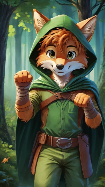 (1boy, solo, fox), highly insanely detailed, masterpiece, top quality, best quality, highres, 4k, 8k, RAW photo),((Cowboy shot)),((Paw pose)),From the front, symmetrical composition,smile,cute,Innocent,Kind eyes,(Tsukasa Hojo Style),forest,(Robin Hood), standing, bandaged arm, bandaged leg, bandages, cape, cloak, collared cape, gloves, green cape, green pants, green Clothes, green theme, orange hair, hair over one eye, hood, hood down, 