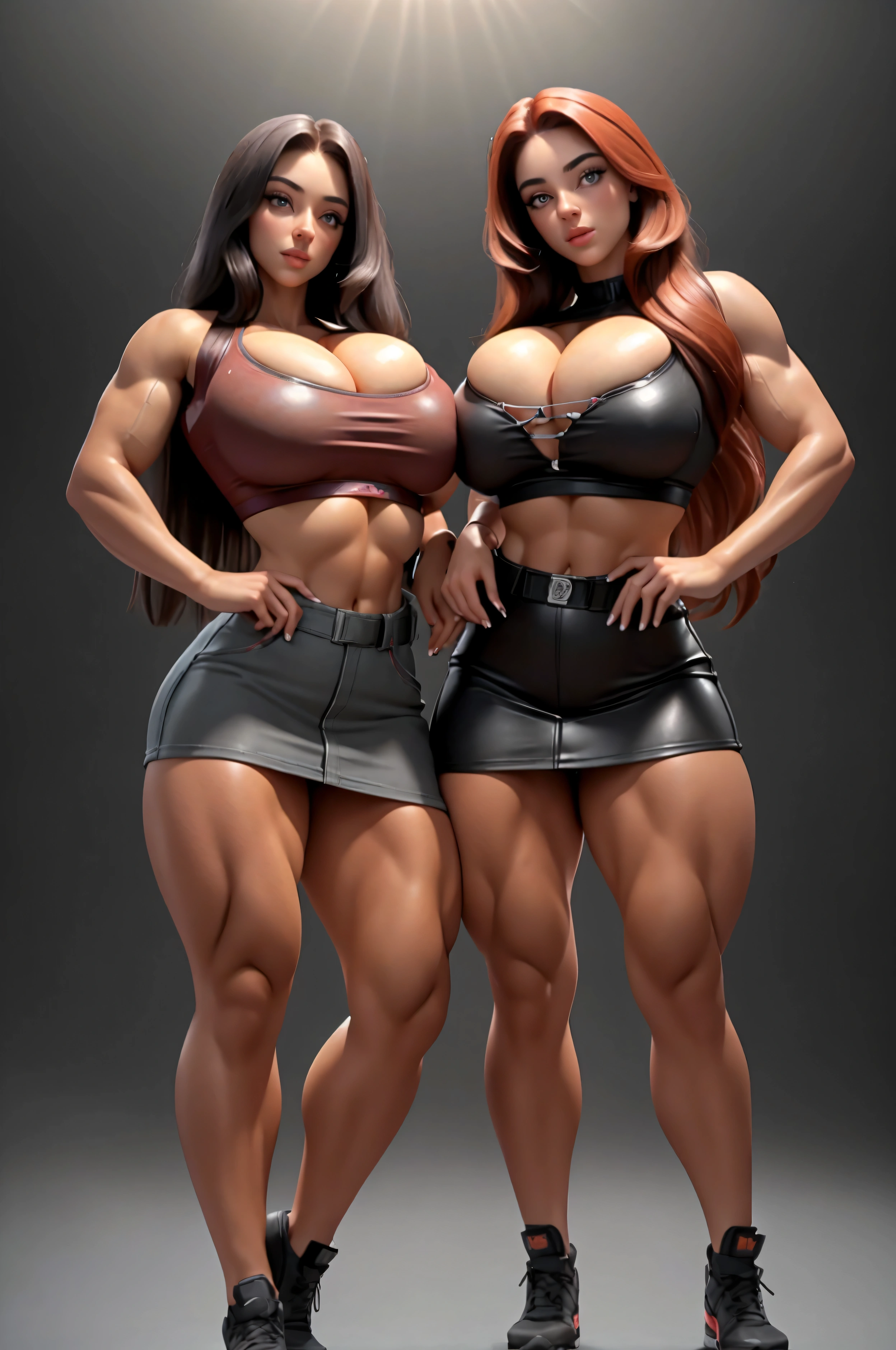 beautiful detailed eyes, beautiful detailed lips, extremely detailed eyes and face, long eyelashes, (((2girls))), crop top, miniskirt, red hair, black hair, full body shot, lesbian, romance, clyde caldwell, (((Huge Breasts))), Major Size Difference, ((fitness model built)), hyper-realistic, photorealistic, 8k, high quality, masterpiece, cinematic lighting, warm color palette, dramatic pose, dynamic composition