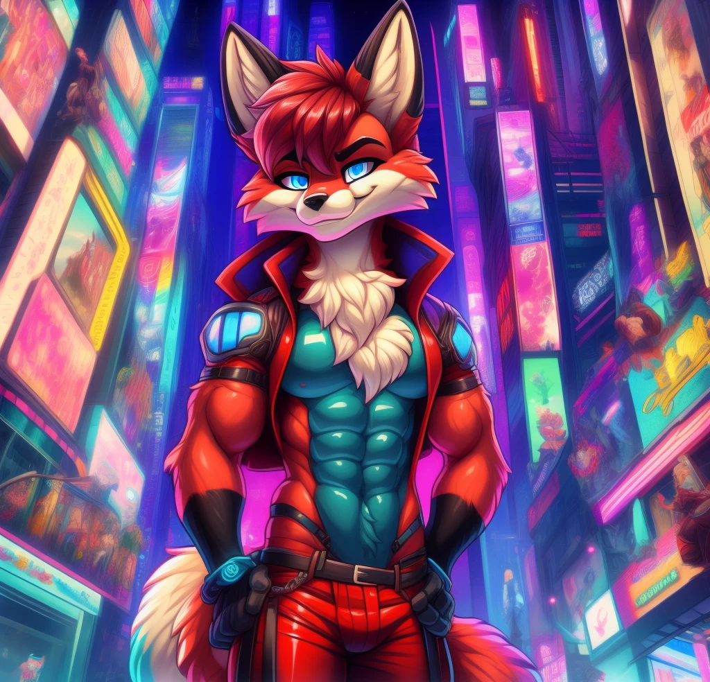 Best quality, Super detailed illustration, cartoon illustration, a furry male fox, blue eyes, village clothing, detailed face and body, disheveled thick rainbow colored long hair, dark red fur, two-tone dark red fur, red fox tail, black leather coat, red pants, smug smile, beautifully detailed eyes, against the background of Times Square in the cyberpunk era, retrowave, skinny, wide hips, style