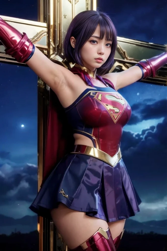 Supergirl, Mini skirt, sexy, black hair long straight, sexy, Japan person, supergirl suit with visible breasts, belly button out