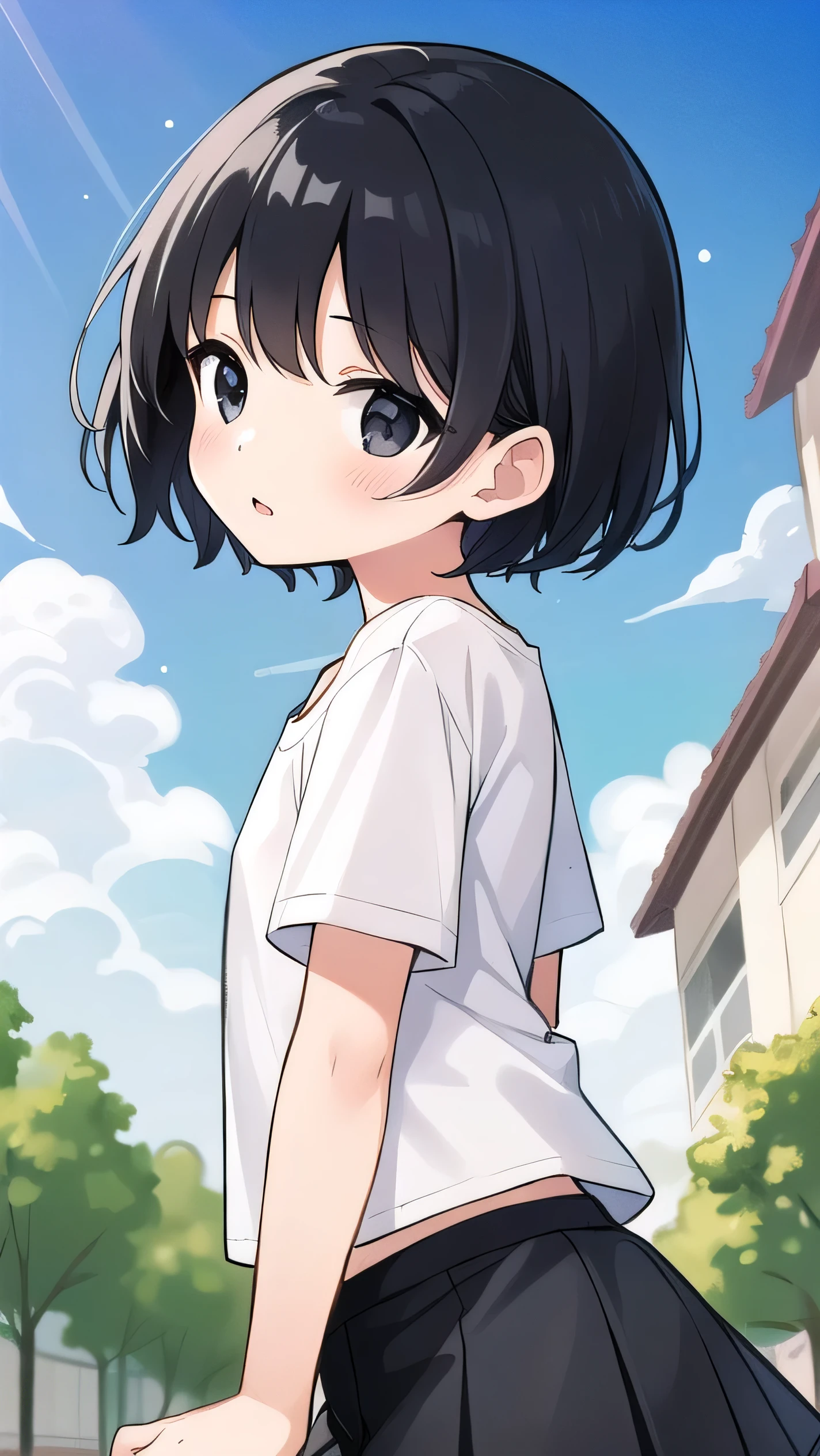 Beautiful illustration, best quality, cute girl, ((On a field)), ((Standing)), pastel color, natural tones, ((Black hair)), ((Cute girl)), ((Looking at viewer)), ((Slender body)), ((Tanktop)), ((Skirt)), ((Open mouth)), (Blush), bright lighting, ((Big eyes)), ((Perfect hands))