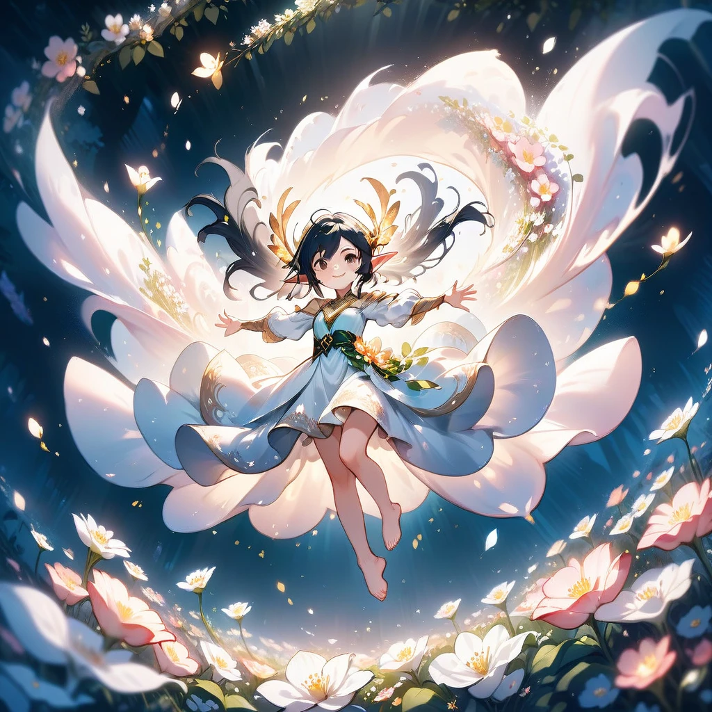 1 elven girl, solo, full body, Suspended in the air with open arms, surrounded by a swirl of countless tiny flowers, smile, black Hair, black eyes. drooping thin Pointed Ears, white long dress with puff sleeves, bare foot