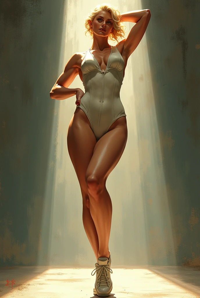 Madonna in comic book panel, bold lineart illustration comic, full body, blue eyes, parted lips, perfect body, tan skin, wearing beautiful and delicate white swinsuit with red lace, in the style of Adam Hughes, master-piece, beautiful young woman, blush, short blonde hair, blue eyes, red lipstick, dark eyeliner, looking at the viewer, cute, eyelashes, comic book art, rough colored sketch, looking at the viewer, on the top of building, big city night background --auto --style realistic-upscale --