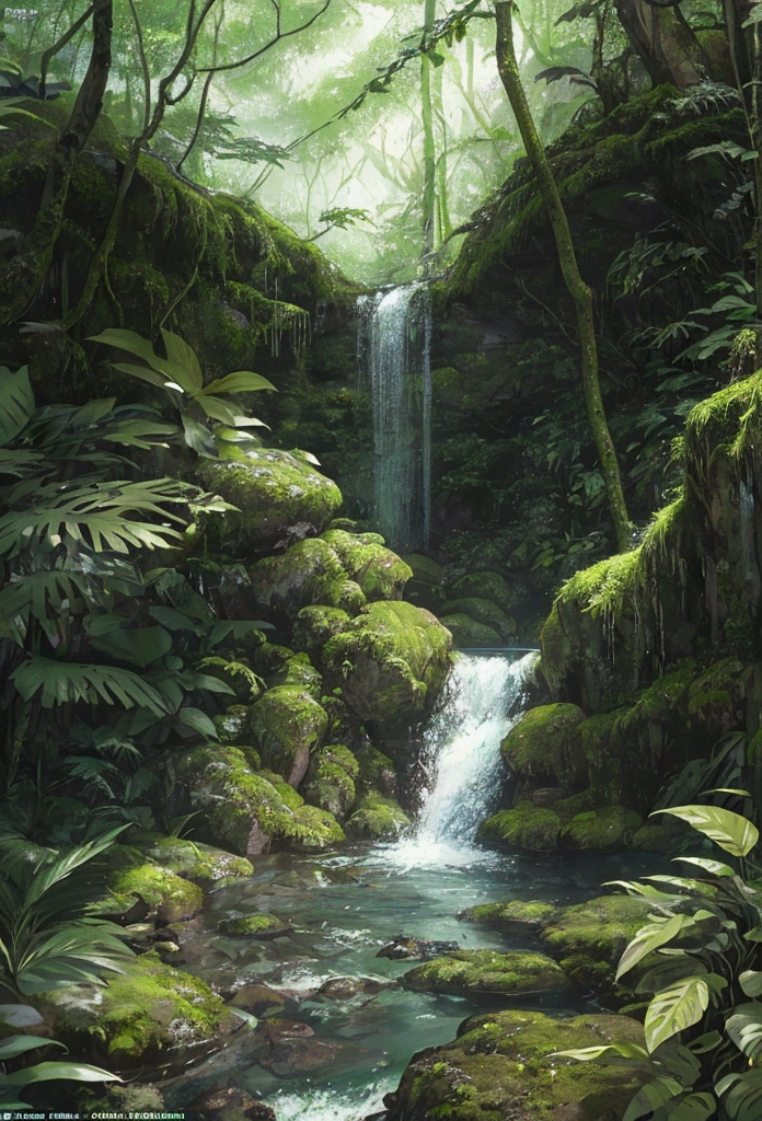 A photorealistic image of a waterfall cascading down a moss-covered cliff in a lush, fern-filled forest. The sunlight filters through the leaves, creating a dappled effect on the water and rocks.