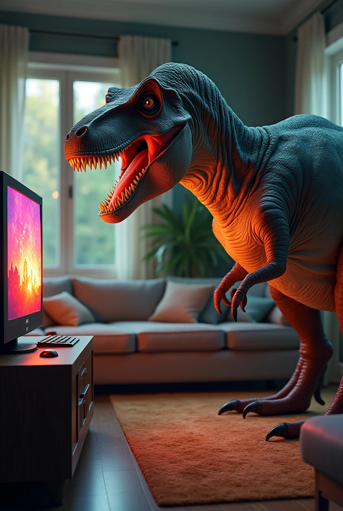 ((view from the side:1.33)), A thrilling photo of a family watching TV, unaware of the imminent danger. Suddenly, a dinosaur leaps out of the screen, roaring loudly, and terrifies the family. The TV screen is shattered, and the dinosaur's eyes glint with ferocity. The family members are frozen in fear, with their mouths agape, while the dinosaur's claw is extended, ready to pounce., photo