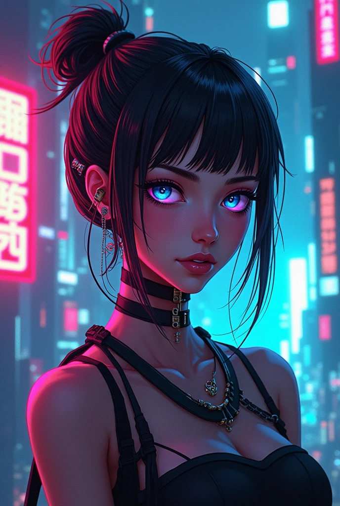 Generate an image of Aerial photography, Fluorescent light, Night view, Aerial photography, Fashion photography, Dreamy effect. with a necklace "BLUEM".In the style of mafia look girl, long navy blue hair make the necklace big and readable make it 3d realistic anime girl