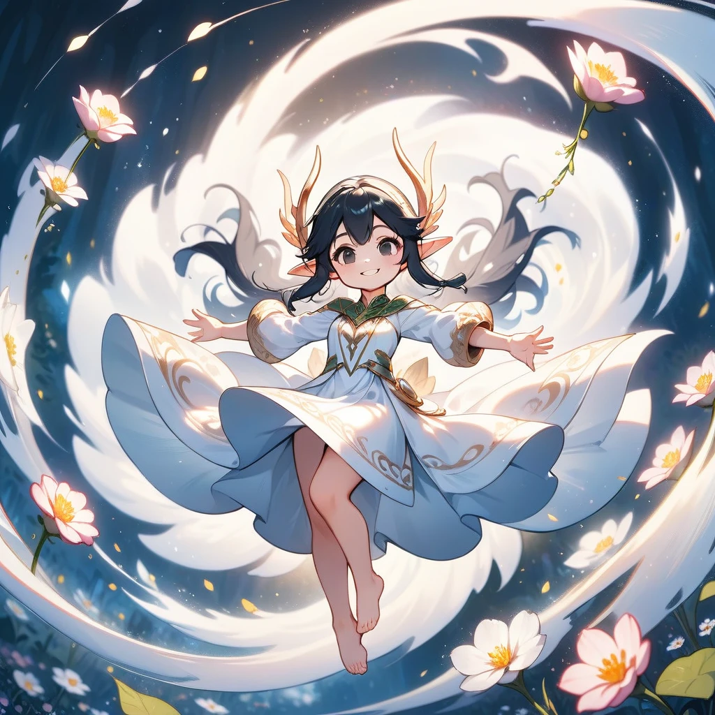 1 elven girl, solo, full body, Suspended in the air with open arms, surrounded by a swirl of countless tiny flowers, smile, black Hair, black eyes. drooping thin Pointed Ears, white long dress with puff sleeves, bare foot