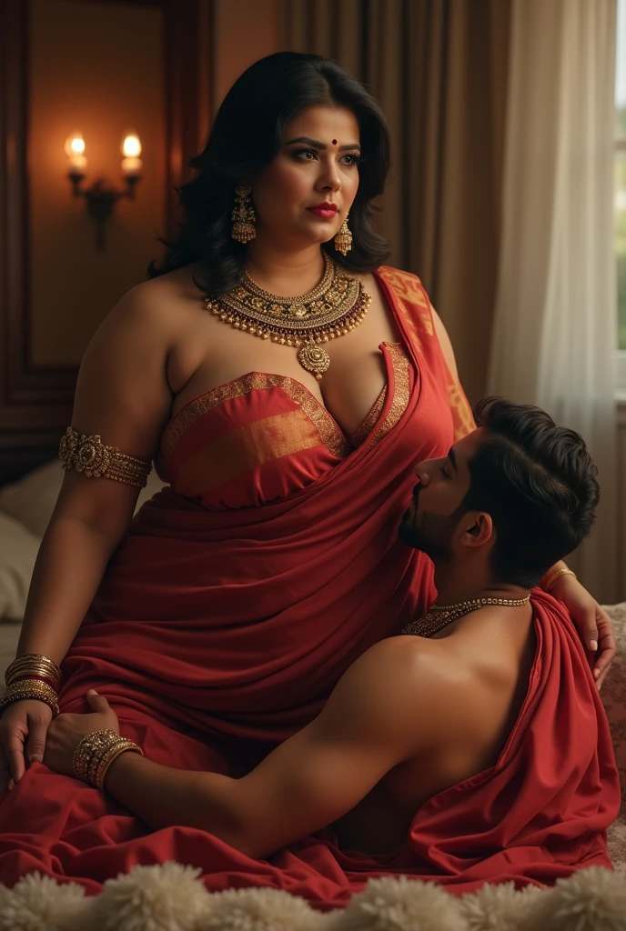 Photo of a Voluptuous Mature Indian Aunty, wearing tight Pink Kurti and White Stole tied around her neck, Wide U Cut cleavage, Showing huge cleavage, sitting on bed, turning her head and kissing a shirtless Young Man, Dim light in the room.
