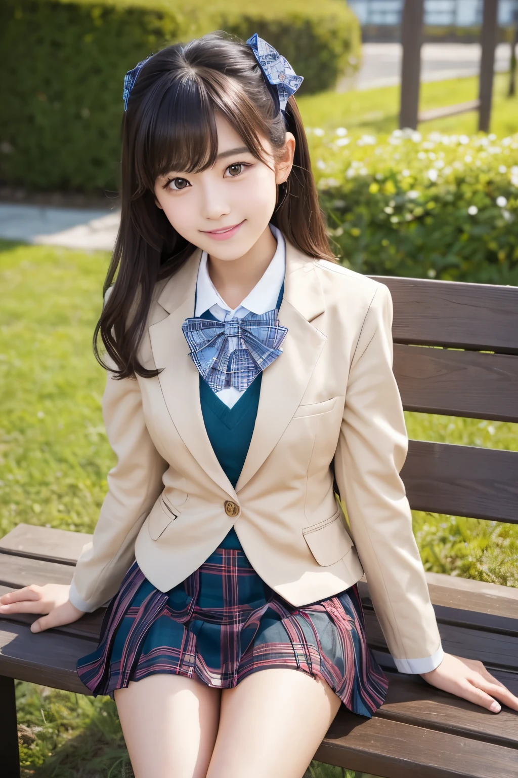 1 young girl,very cute and beautiful japanese teen actress,highly detailed beautiful face,smile,happy, blazer beige jacket,collared shirt,plaid bowtie BREAK detailed legs,zettai ryouiki,brown shoulder bag, sitting on bed sheet,dynamic angle,hair ornament,black hair,(blue plaid mini skirt), hotel bedroom,window,distant trees and town,solo,real person,photorealistic,8k,raw photo,