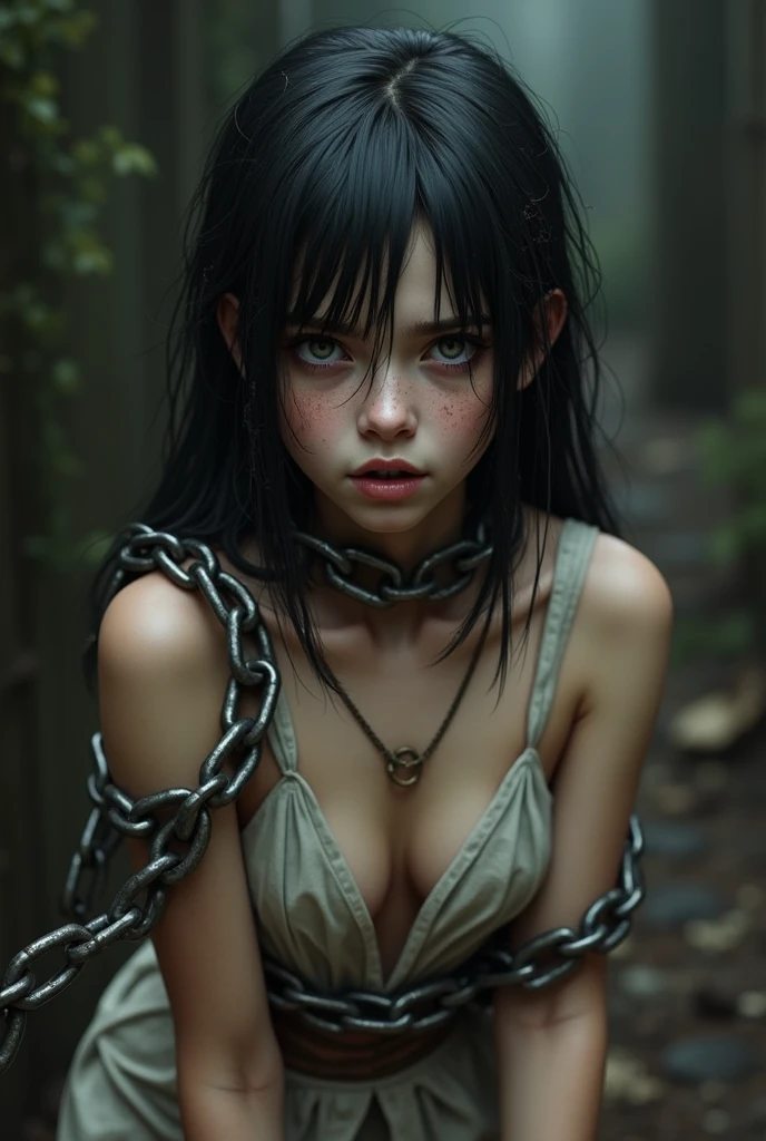 ,naked, high resolution),frightened facial expression,crying,wet body,wet hair,dog collar,slave,capture,dark lure of forbidden desires,bound by twisted tendrils,The pincers are on a chain,poor thing, Dark prison, the area near the body is wet, Frightened expression, Girl crying