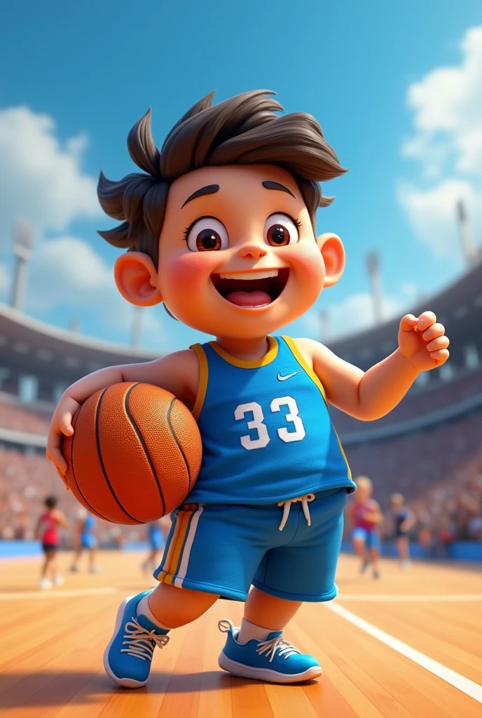 cute,Q version,Little boy in short sleeves,Playful expression,Flat head short hair laughing,basketball,Sporty little boy,