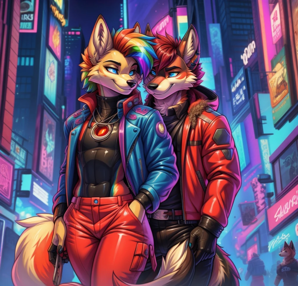 Best quality, Super detailed illustration, cartoon illustration, a furry male wolf, blue eyes, village clothing, detailed face and body, disheveled thick rainbow colored hair, dark red fur, two-tone dark red fur, red wolf tail, blue and yellow striped leather coat, red pants, smug smile, beautifully detailed eyes, against the background of Times Square in the cyberpunk era, retrowave, skinny, wide hips, style